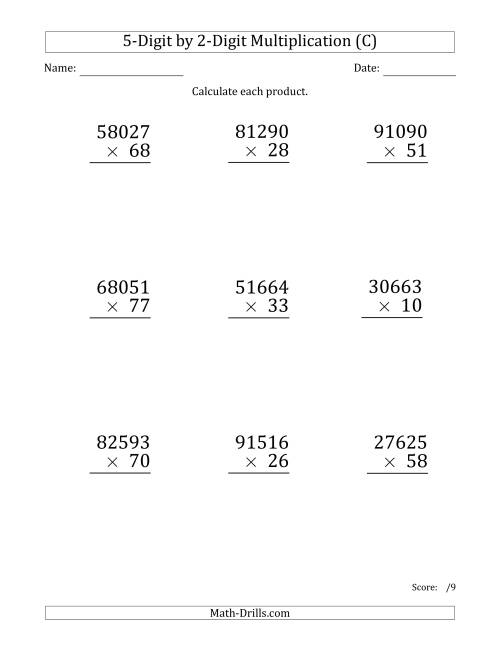 The Multiplying 5-Digit by 2-Digit Numbers (Large Print) (C) Math Worksheet