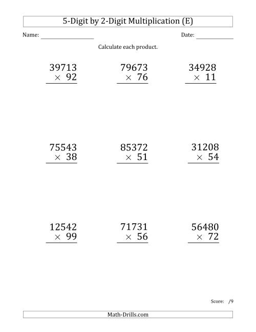 The Multiplying 5-Digit by 2-Digit Numbers (Large Print) (E) Math Worksheet