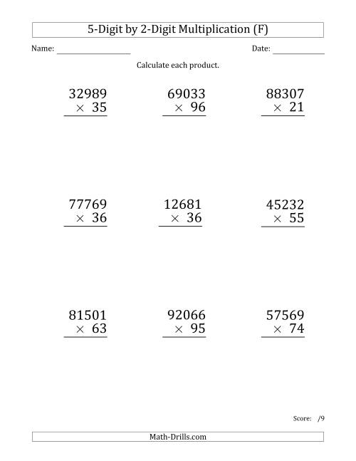 The Multiplying 5-Digit by 2-Digit Numbers (Large Print) (F) Math Worksheet