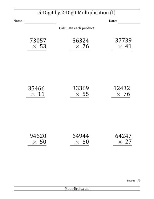 The Multiplying 5-Digit by 2-Digit Numbers (Large Print) (I) Math Worksheet