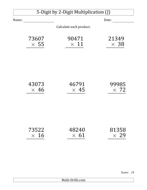 The Multiplying 5-Digit by 2-Digit Numbers (Large Print) (J) Math Worksheet