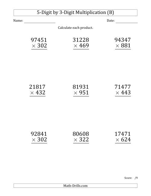 The Multiplying 5-Digit by 3-Digit Numbers (Large Print) (B) Math Worksheet