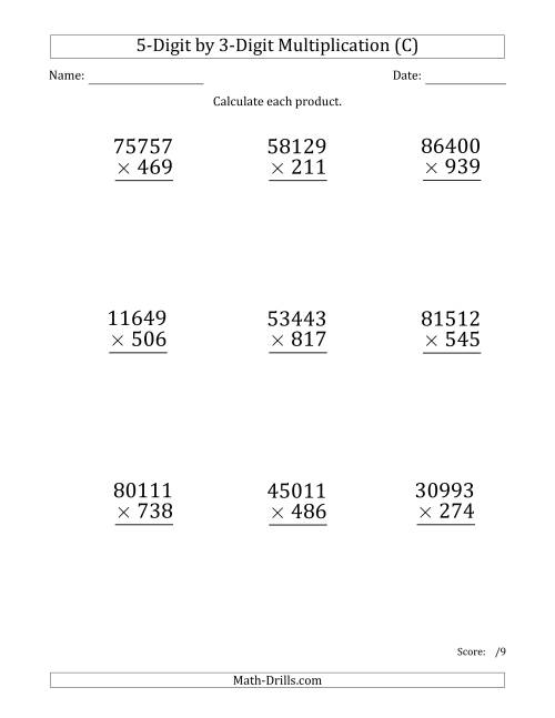 The Multiplying 5-Digit by 3-Digit Numbers (Large Print) (C) Math Worksheet