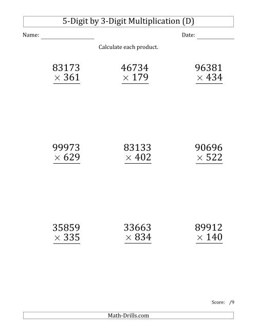 The Multiplying 5-Digit by 3-Digit Numbers (Large Print) (D) Math Worksheet