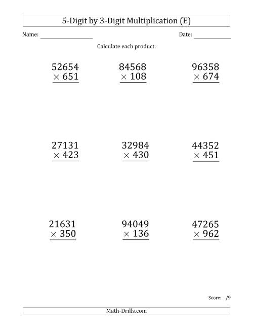 The Multiplying 5-Digit by 3-Digit Numbers (Large Print) (E) Math Worksheet