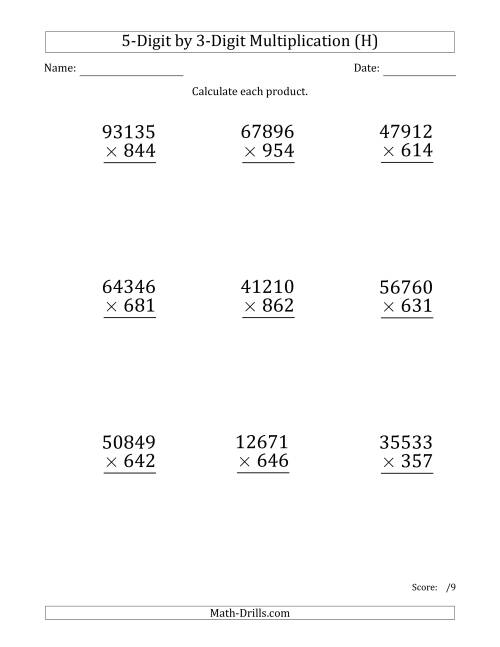 The Multiplying 5-Digit by 3-Digit Numbers (Large Print) (H) Math Worksheet