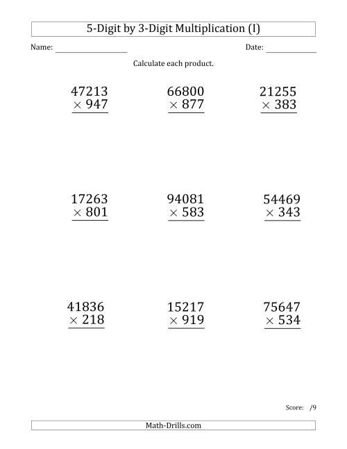 The Multiplying 5-Digit by 3-Digit Numbers (Large Print) (I) Math Worksheet