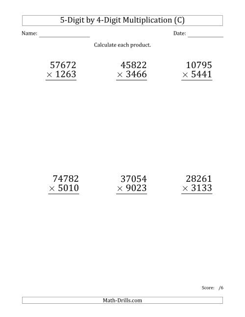 The Multiplying 5-Digit by 4-Digit Numbers (Large Print) (C) Math Worksheet