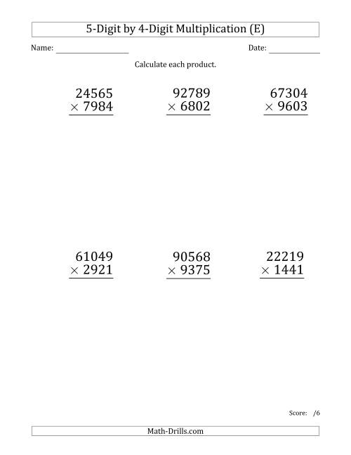 The Multiplying 5-Digit by 4-Digit Numbers (Large Print) (E) Math Worksheet