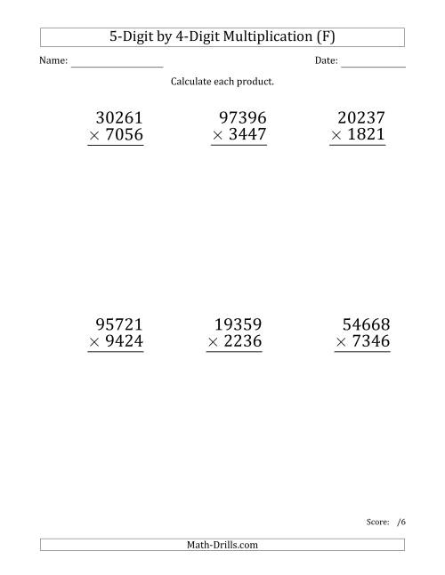 The Multiplying 5-Digit by 4-Digit Numbers (Large Print) (F) Math Worksheet