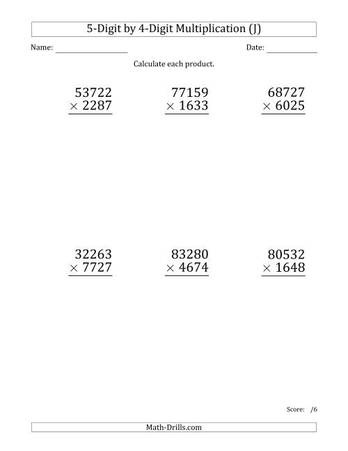 The Multiplying 5-Digit by 4-Digit Numbers (Large Print) (J) Math Worksheet