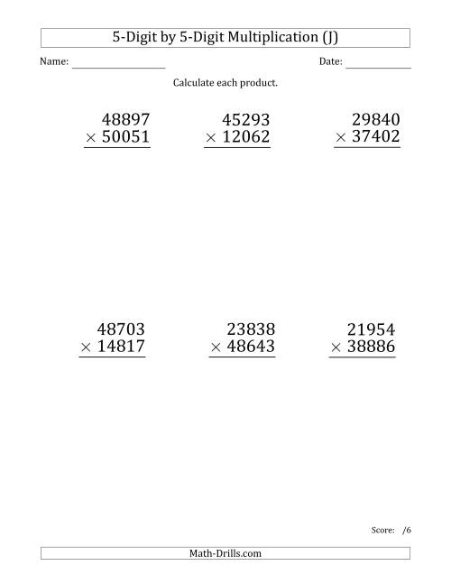 The Multiplying 5-Digit by 5-Digit Numbers (Large Print) (J) Math Worksheet
