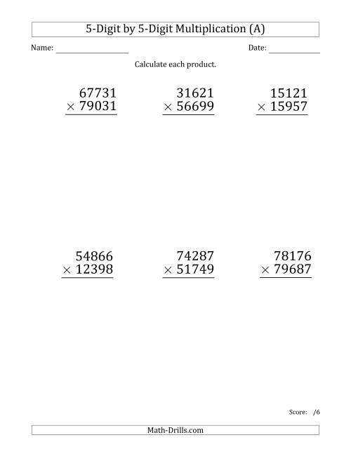 The Multiplying 5-Digit by 5-Digit Numbers (Large Print) (All) Math Worksheet