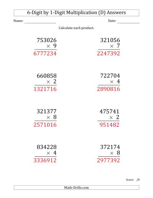The Multiplying 6-Digit by 1-Digit Numbers (Large Print) (D) Math Worksheet Page 2