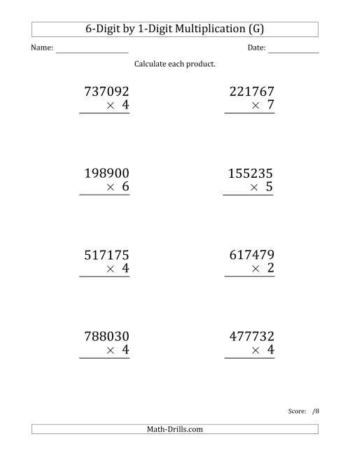 The Multiplying 6-Digit by 1-Digit Numbers (Large Print) (G) Math Worksheet