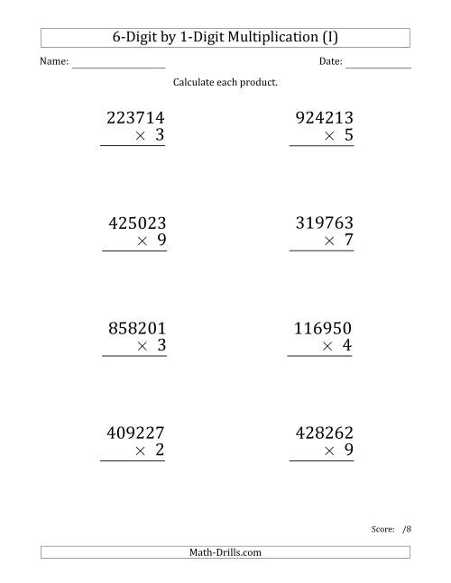 The Multiplying 6-Digit by 1-Digit Numbers (Large Print) (I) Math Worksheet