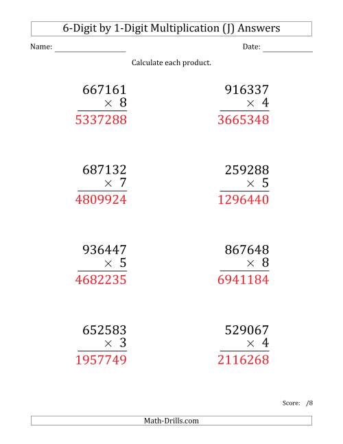 The Multiplying 6-Digit by 1-Digit Numbers (Large Print) (J) Math Worksheet Page 2
