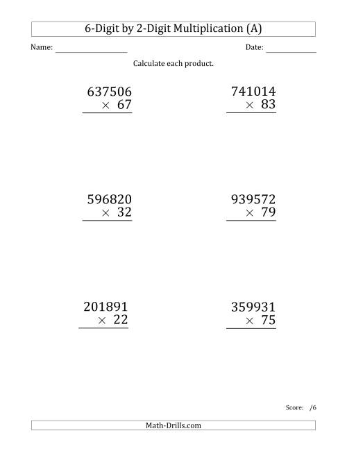The Multiplying 6-Digit by 2-Digit Numbers (Large Print) (A) Math Worksheet