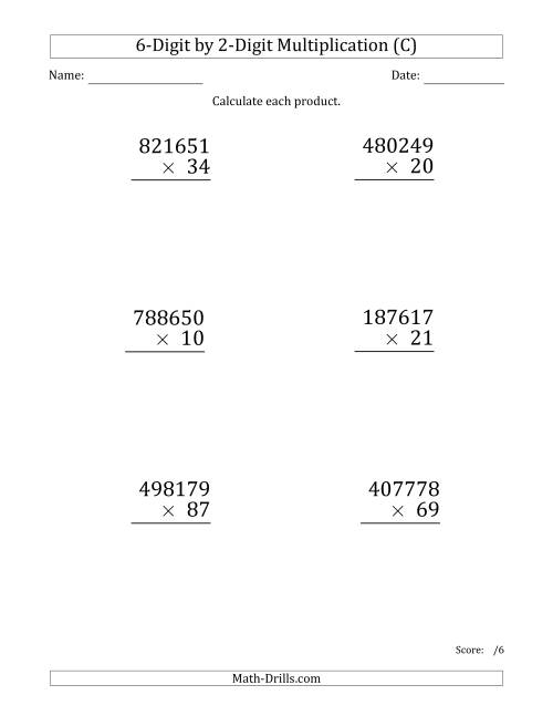 The Multiplying 6-Digit by 2-Digit Numbers (Large Print) (C) Math Worksheet