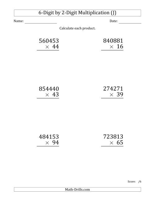 The Multiplying 6-Digit by 2-Digit Numbers (Large Print) (J) Math Worksheet