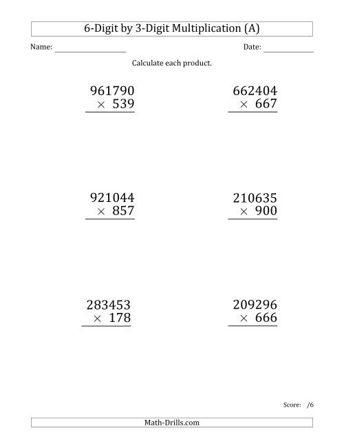 The Multiplying 6-Digit by 3-Digit Numbers (Large Print) (A) Math Worksheet