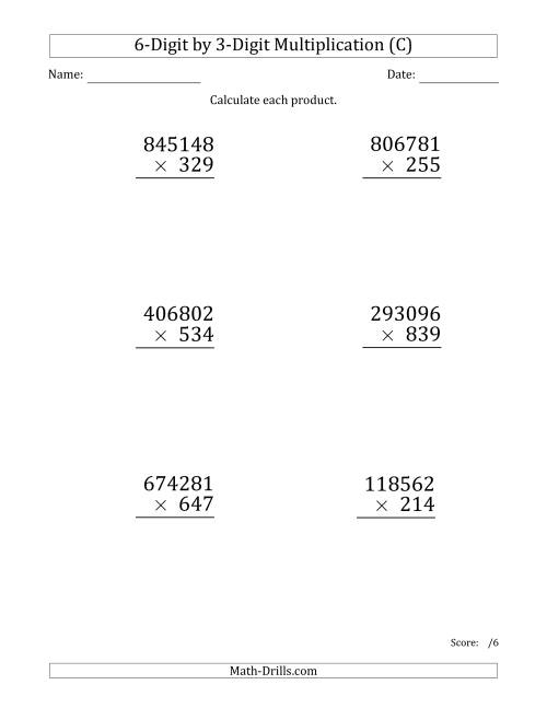 The Multiplying 6-Digit by 3-Digit Numbers (Large Print) (C) Math Worksheet