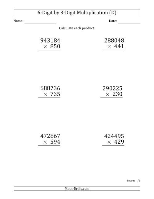 The Multiplying 6-Digit by 3-Digit Numbers (Large Print) (D) Math Worksheet
