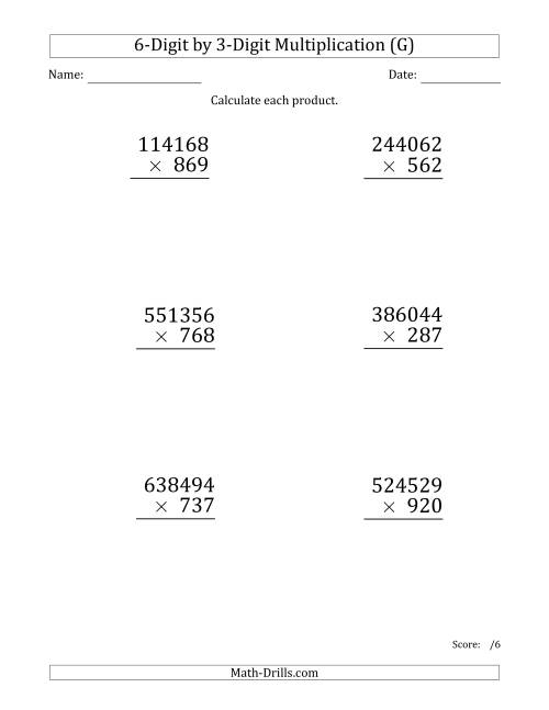 The Multiplying 6-Digit by 3-Digit Numbers (Large Print) (G) Math Worksheet