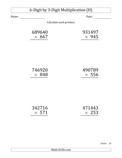 The Multiplying 6-Digit by 3-Digit Numbers (Large Print) (H) Math Worksheet
