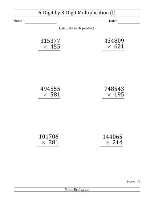 The Multiplying 6-Digit by 3-Digit Numbers (Large Print) (I) Math Worksheet