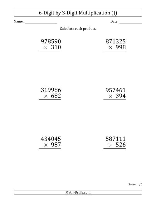 The Multiplying 6-Digit by 3-Digit Numbers (Large Print) (J) Math Worksheet