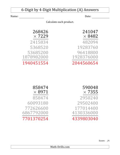 The Multiplying 6-Digit by 4-Digit Numbers (Large Print) (A) Math Worksheet Page 2