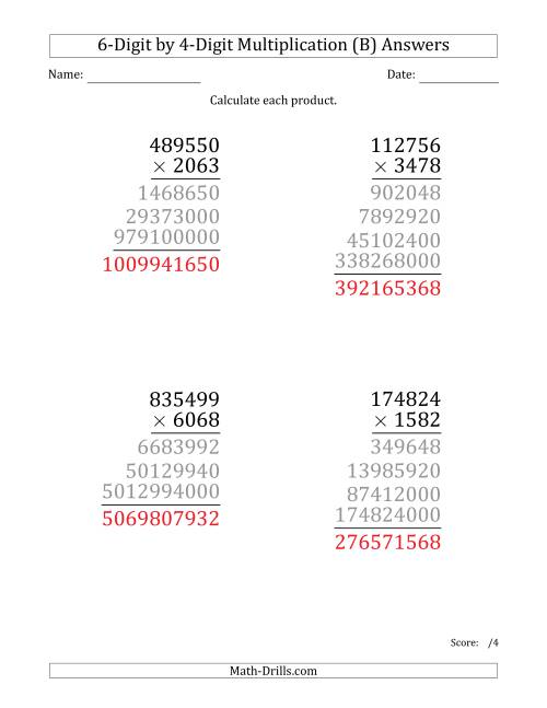 The Multiplying 6-Digit by 4-Digit Numbers (Large Print) (B) Math Worksheet Page 2