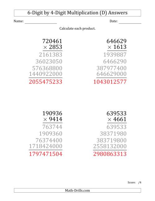 The Multiplying 6-Digit by 4-Digit Numbers (Large Print) (D) Math Worksheet Page 2