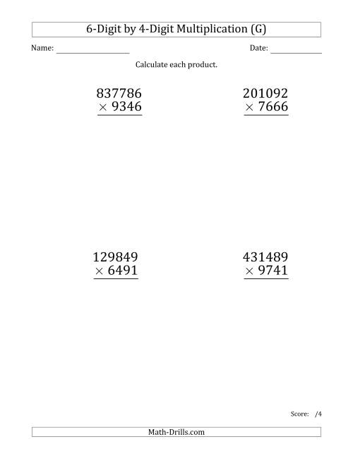 The Multiplying 6-Digit by 4-Digit Numbers (Large Print) (G) Math Worksheet
