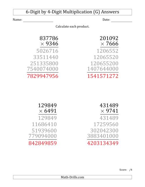 The Multiplying 6-Digit by 4-Digit Numbers (Large Print) (G) Math Worksheet Page 2