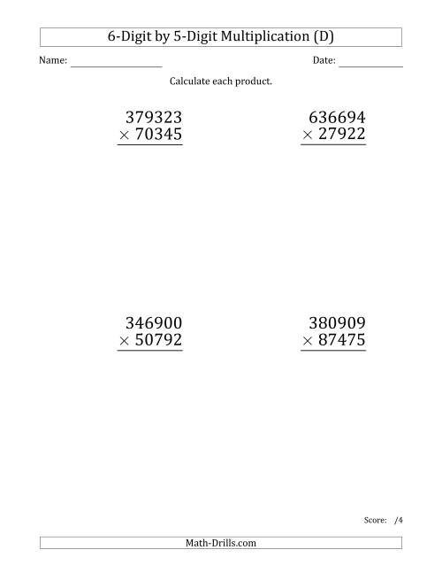 The Multiplying 6-Digit by 5-Digit Numbers (Large Print) (D) Math Worksheet