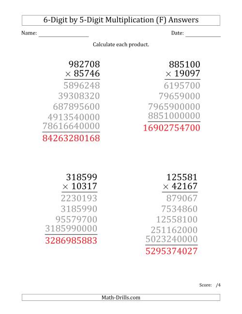 The Multiplying 6-Digit by 5-Digit Numbers (Large Print) (F) Math Worksheet Page 2