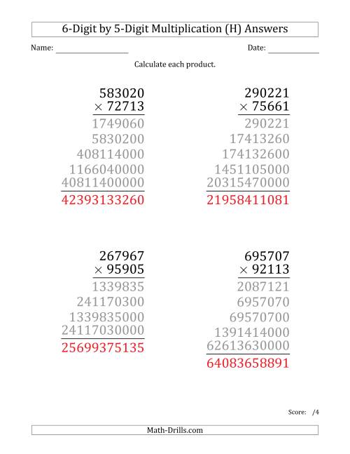The Multiplying 6-Digit by 5-Digit Numbers (Large Print) (H) Math Worksheet Page 2