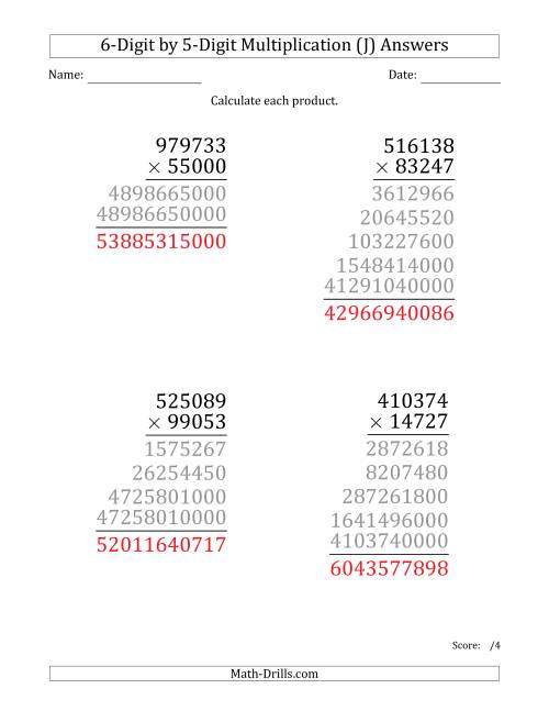 The Multiplying 6-Digit by 5-Digit Numbers (Large Print) (J) Math Worksheet Page 2