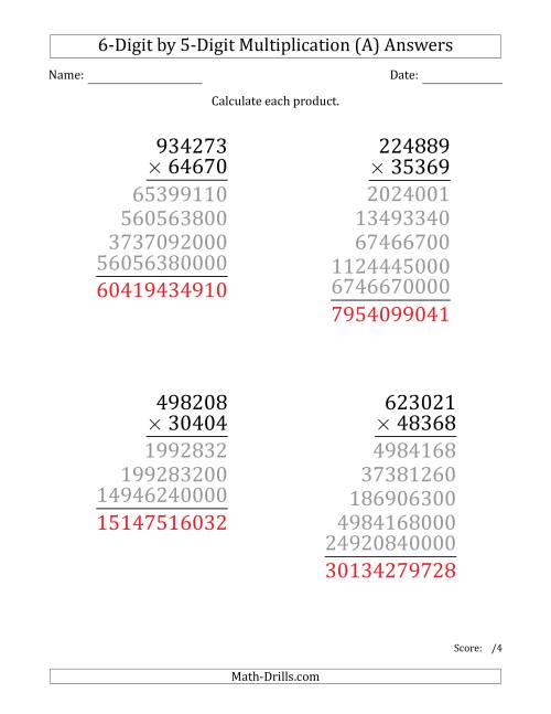 The Multiplying 6-Digit by 5-Digit Numbers (Large Print) (All) Math Worksheet Page 2