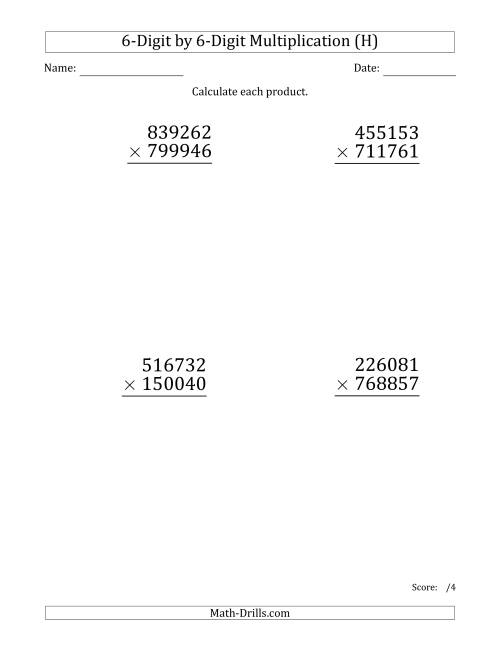The Multiplying 6-Digit by 6-Digit Numbers (Large Print) (H) Math Worksheet