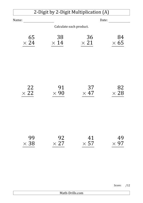 The Multiplying 2-Digit by 2-Digit Numbers (Large Print) with Period-Separated Thousands (A) Math Worksheet