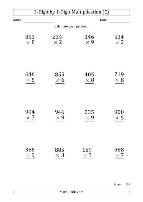 The Multiplying 3-Digit by 1-Digit Numbers (Large Print) with Period-Separated Thousands (C) Math Worksheet