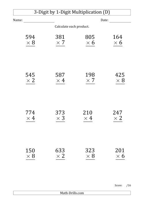 The Multiplying 3-Digit by 1-Digit Numbers (Large Print) with Period-Separated Thousands (D) Math Worksheet
