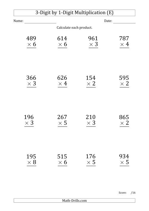 The Multiplying 3-Digit by 1-Digit Numbers (Large Print) with Period-Separated Thousands (E) Math Worksheet