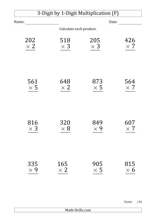 The Multiplying 3-Digit by 1-Digit Numbers (Large Print) with Period-Separated Thousands (F) Math Worksheet