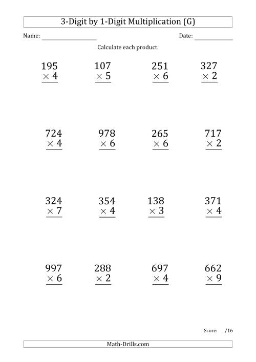 The Multiplying 3-Digit by 1-Digit Numbers (Large Print) with Period-Separated Thousands (G) Math Worksheet