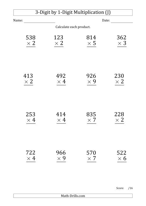 The Multiplying 3-Digit by 1-Digit Numbers (Large Print) with Period-Separated Thousands (J) Math Worksheet