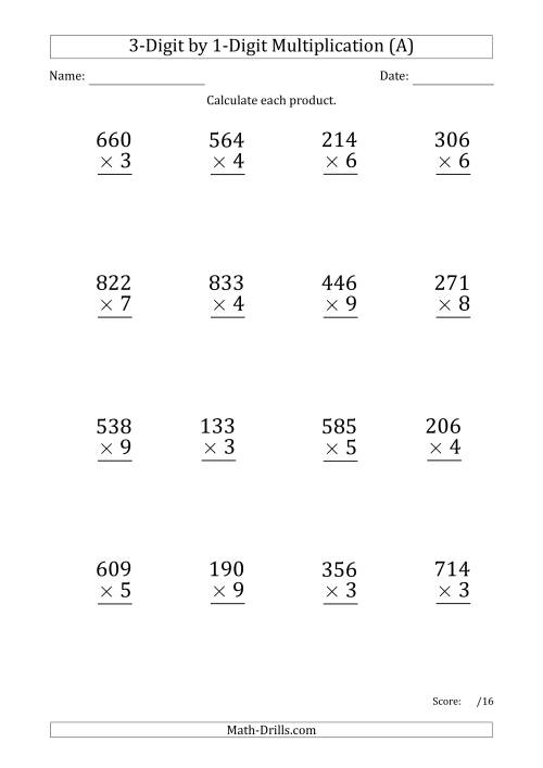 The Multiplying 3-Digit by 1-Digit Numbers (Large Print) with Period-Separated Thousands (All) Math Worksheet